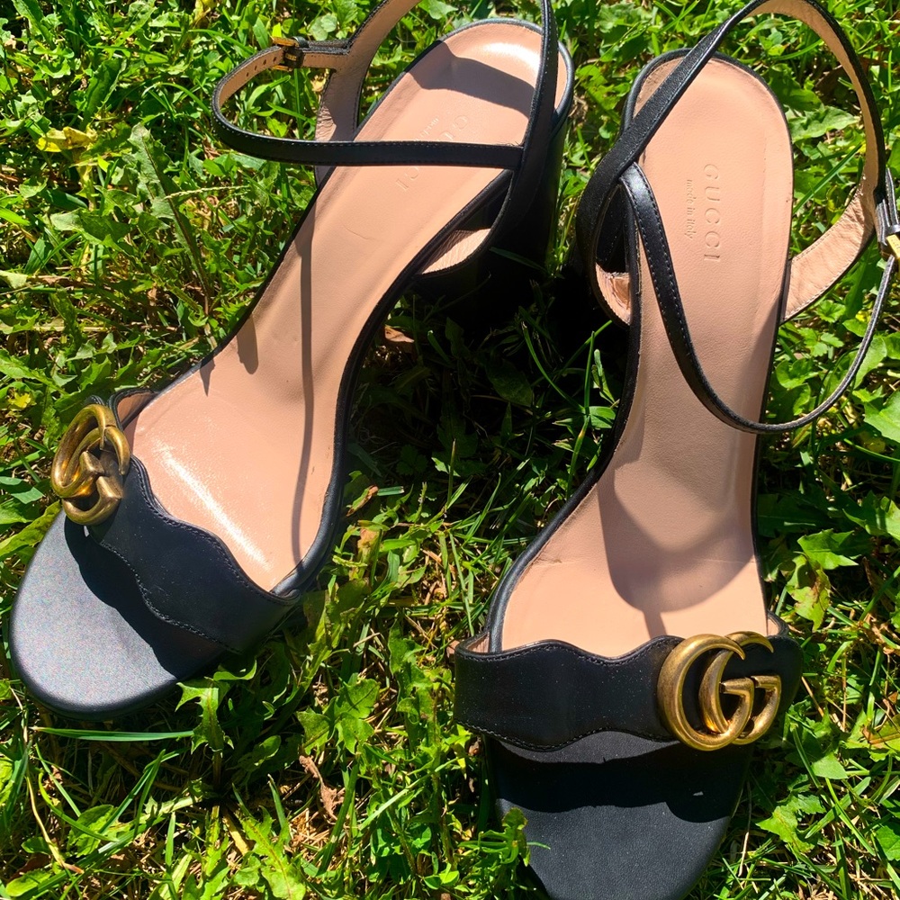 Gucci Block-Heel Mid Sandal with Gold Buckle